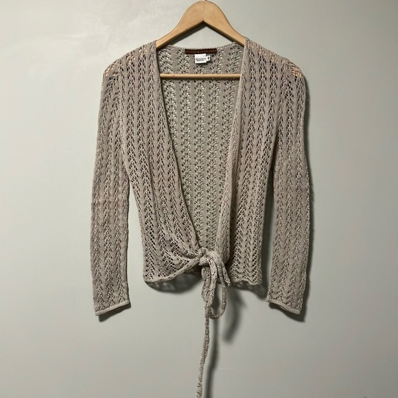 Peruvian Connection Beige Grey Crochet Knit Wrap Sweater made in Peru 100% Pima - Picture 1 of 6